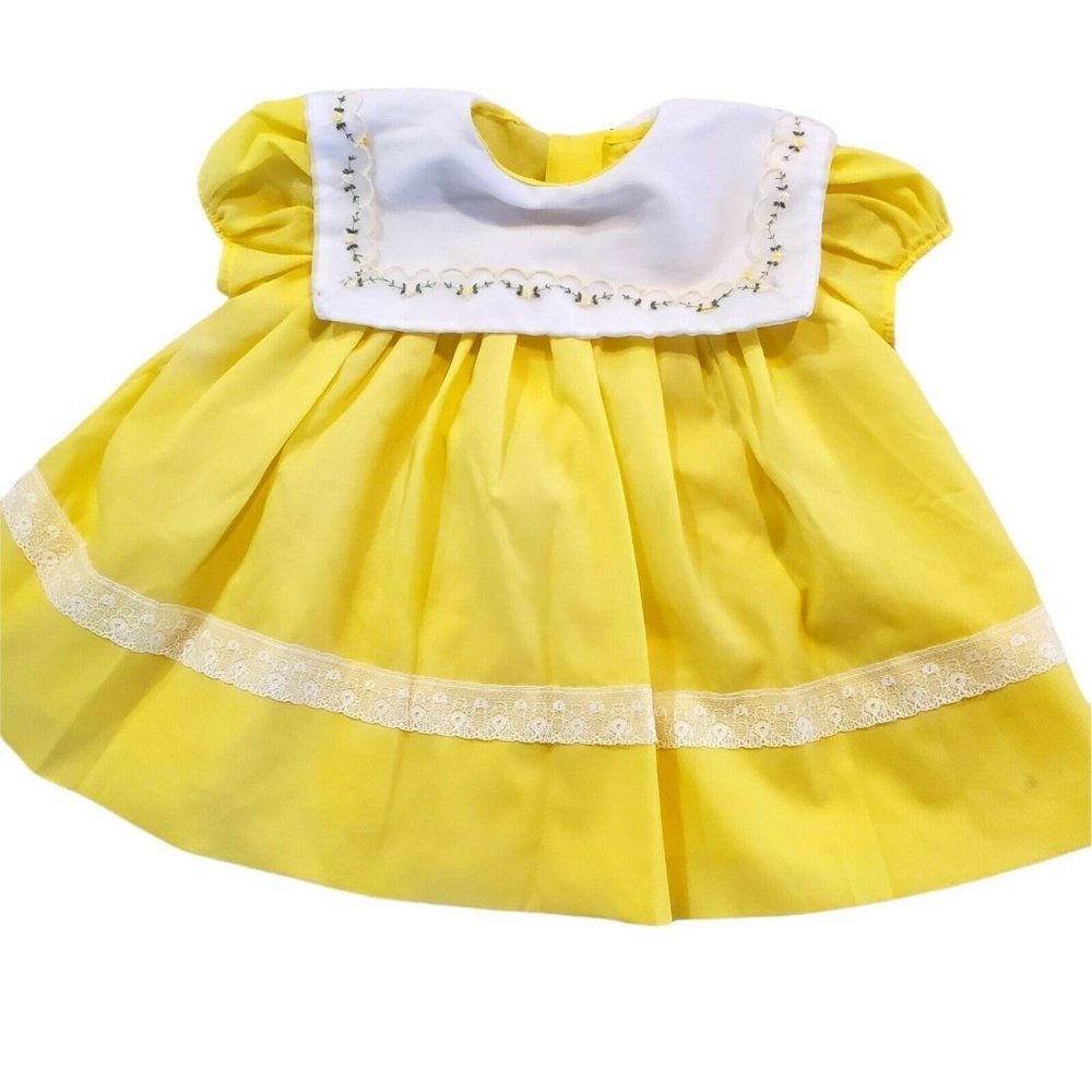 Vintage Baby Girls Yellow Bib Dress Embroidered Floral Lace Size 12 Months